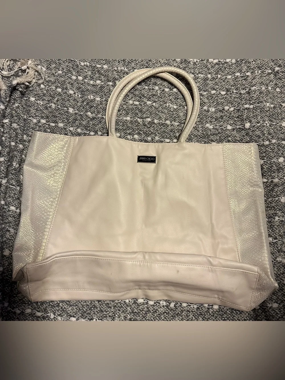 Jimmy Choo Cream Leather Tote with Textured Side Panels